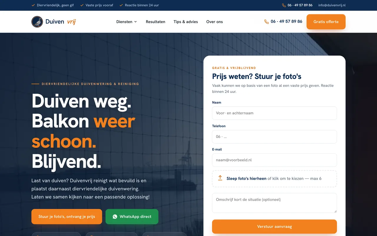 Homepage van Duivenvrij (duivenvrij.nl), gebouwd door NEXTRIQ