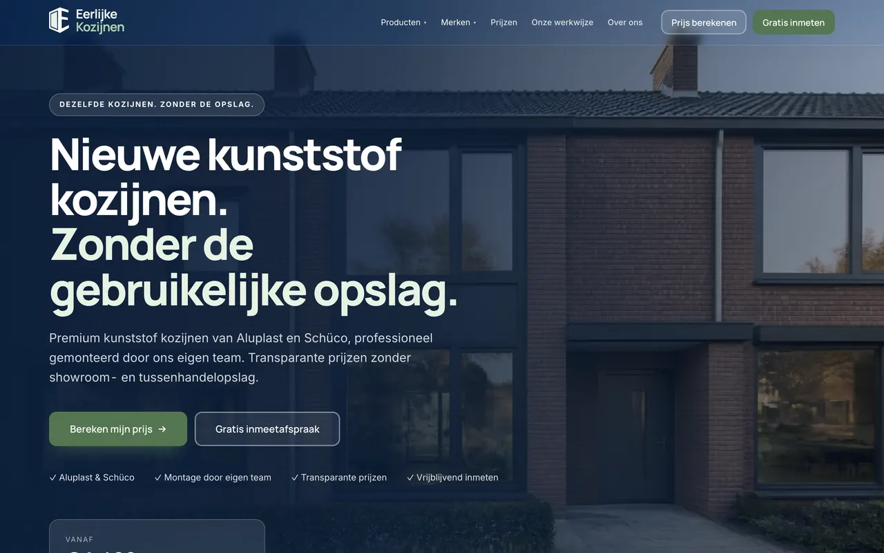 Homepage van Eerlijke Kozijnen (eerlijkekozijnen.nl), gebouwd door NEXTRIQ