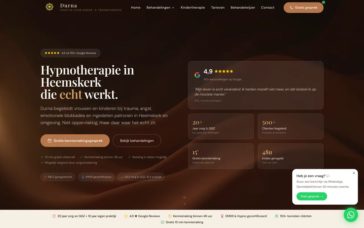 Homepage van Durna Hypnotherapie (hypnotherapiedurna.nl), gebouwd door NEXTRIQ