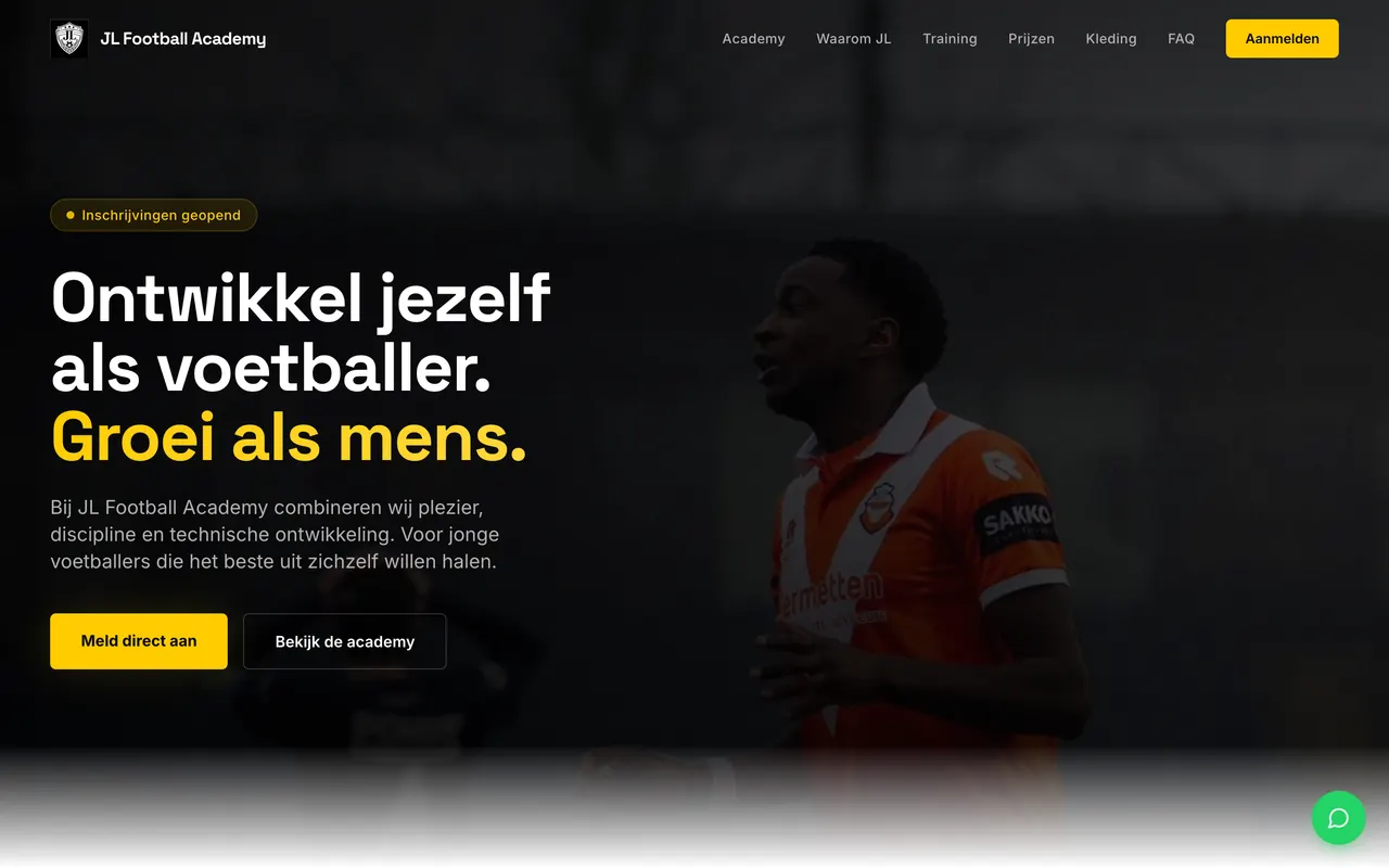 Homepage van JL Football Academy (jlfootballacademy.nl), gebouwd door NEXTRIQ