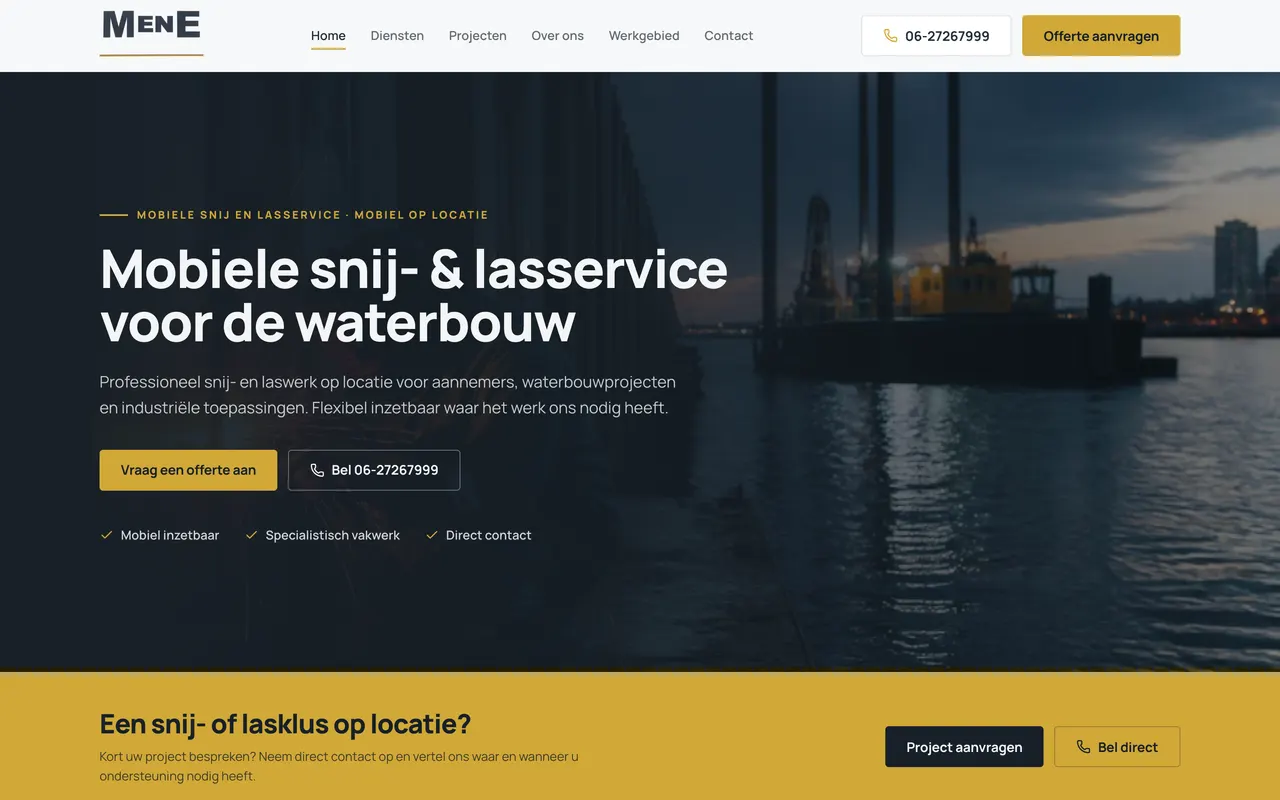Homepage van MenE Waterbouw (mene-waterbouw.nl), gebouwd door NEXTRIQ