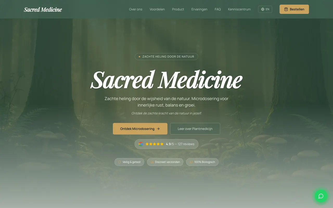 Homepage van Sacred Medicine (sacredmedicine.nl), gebouwd door NEXTRIQ
